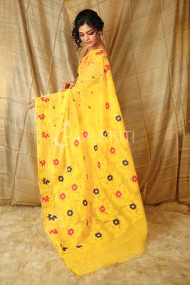 Yellow hand woven blended cotton saree  2