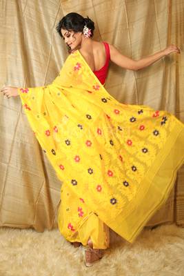 Yellow hand woven blended cotton saree  3