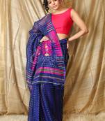 Navy blue hand woven blended cotton saree 