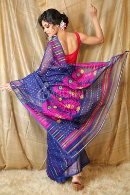 Navy blue hand woven blended cotton saree  2