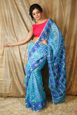 Dark sky blue hand woven blended cotton saree  1