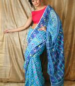 Dark sky blue hand woven blended cotton saree 