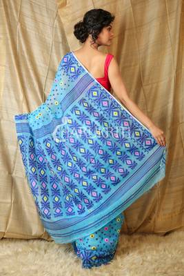 Dark sky blue hand woven blended cotton saree  2