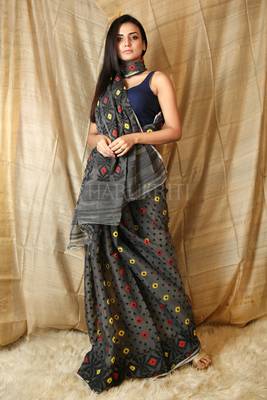 Grey Hand Woven Blended Cotton Saree Without Blouse 1