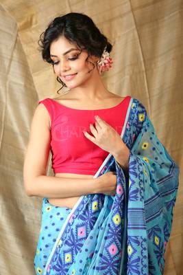 Dark sky blue hand woven blended cotton saree  3