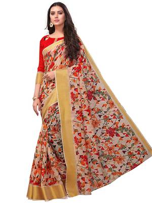 Beige printed linen saree with blouse 1