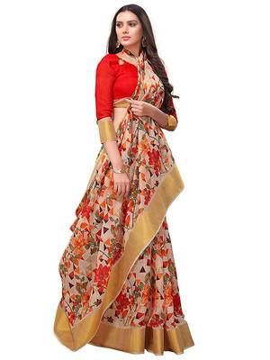 Beige printed linen saree with blouse 3
