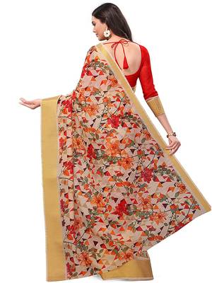 Beige printed linen saree with blouse 4