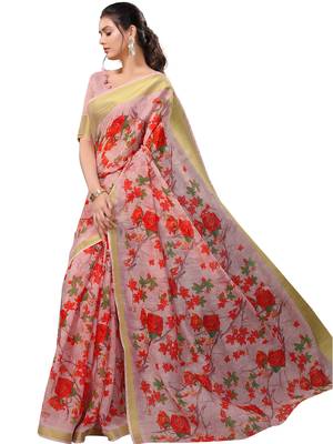 Baby pink printed linen saree with blouse 1