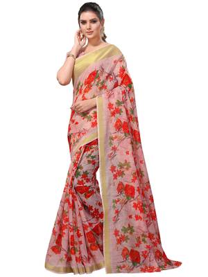 Baby pink printed linen saree with blouse 2