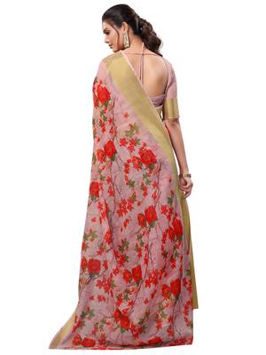 Baby pink printed linen saree with blouse 3