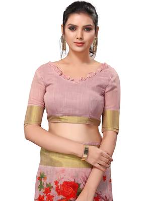 Baby pink printed linen saree with blouse 4