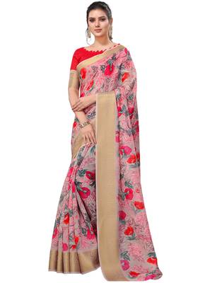 Baby pink printed linen saree with blouse 1