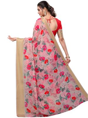 Baby pink printed linen saree with blouse 2