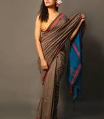 Dark brown woven blended cotton saree with blouse