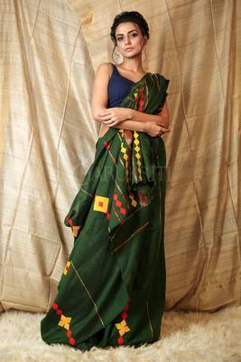 Green embroidered blended cotton saree with blouse 1