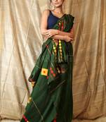 Green embroidered blended cotton saree with blouse