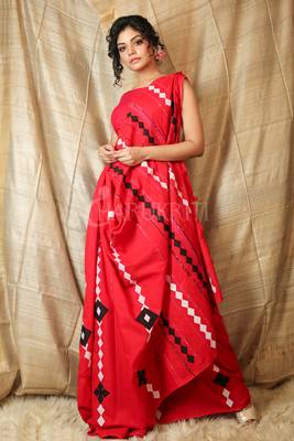 Red embroidered blended cotton saree with blouse 1