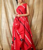 Red embroidered blended cotton saree with blouse