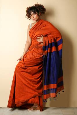 Orange plain blended cotton saree with blouse 2