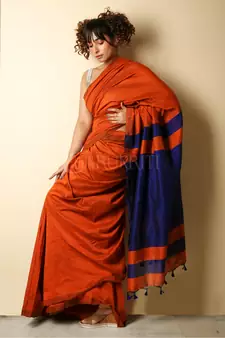 Orange plain blended cotton saree with blouse