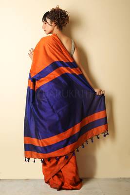 Orange plain blended cotton saree with blouse 3