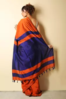 Orange plain blended cotton saree with blouse