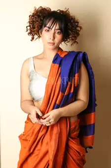 Orange plain blended cotton saree with blouse