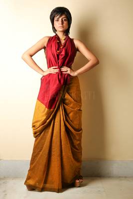 Yellow plain blended cotton saree with blouse 1