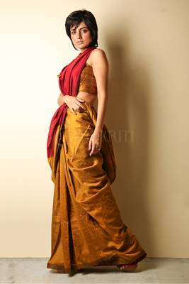 Yellow plain blended cotton saree with blouse 2