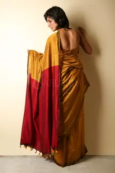 Yellow plain blended cotton saree with blouse