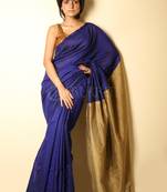 Royal blue plain blended cotton saree with blouse