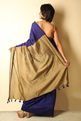 Royal blue plain blended cotton saree with blouse 2