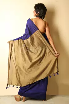 Royal blue plain blended cotton saree with blouse