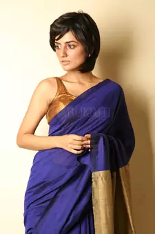 Royal blue plain blended cotton saree with blouse