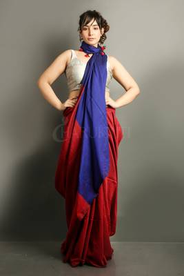Red plain blended cotton saree with blouse 1