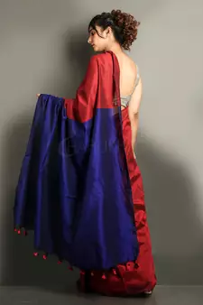 Red plain blended cotton saree with blouse