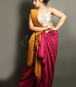 Multicolor plain blended cotton saree with blouse