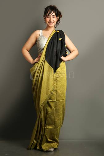 Yellow plain blended cotton saree with blouse