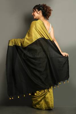 Yellow plain blended cotton saree with blouse 2