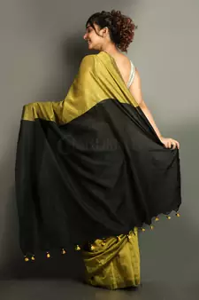 Yellow plain blended cotton saree with blouse