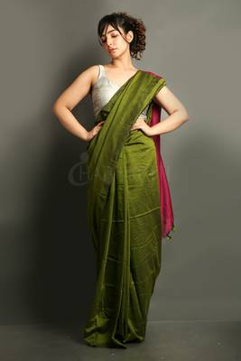 Green plain blended cotton saree with blouse 1