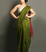 Green plain blended cotton saree with blouse