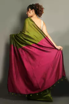 Green plain blended cotton saree with blouse