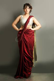Maroon plain blended cotton saree with blouse