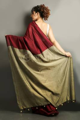 Maroon plain blended cotton saree with blouse 2