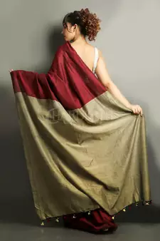 Maroon plain blended cotton saree with blouse
