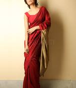 Dark red plain blended cotton saree with blouse