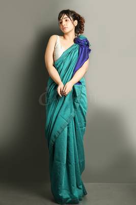 Teal plain blended cotton saree with blouse 1