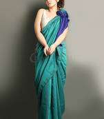Teal plain blended cotton saree with blouse